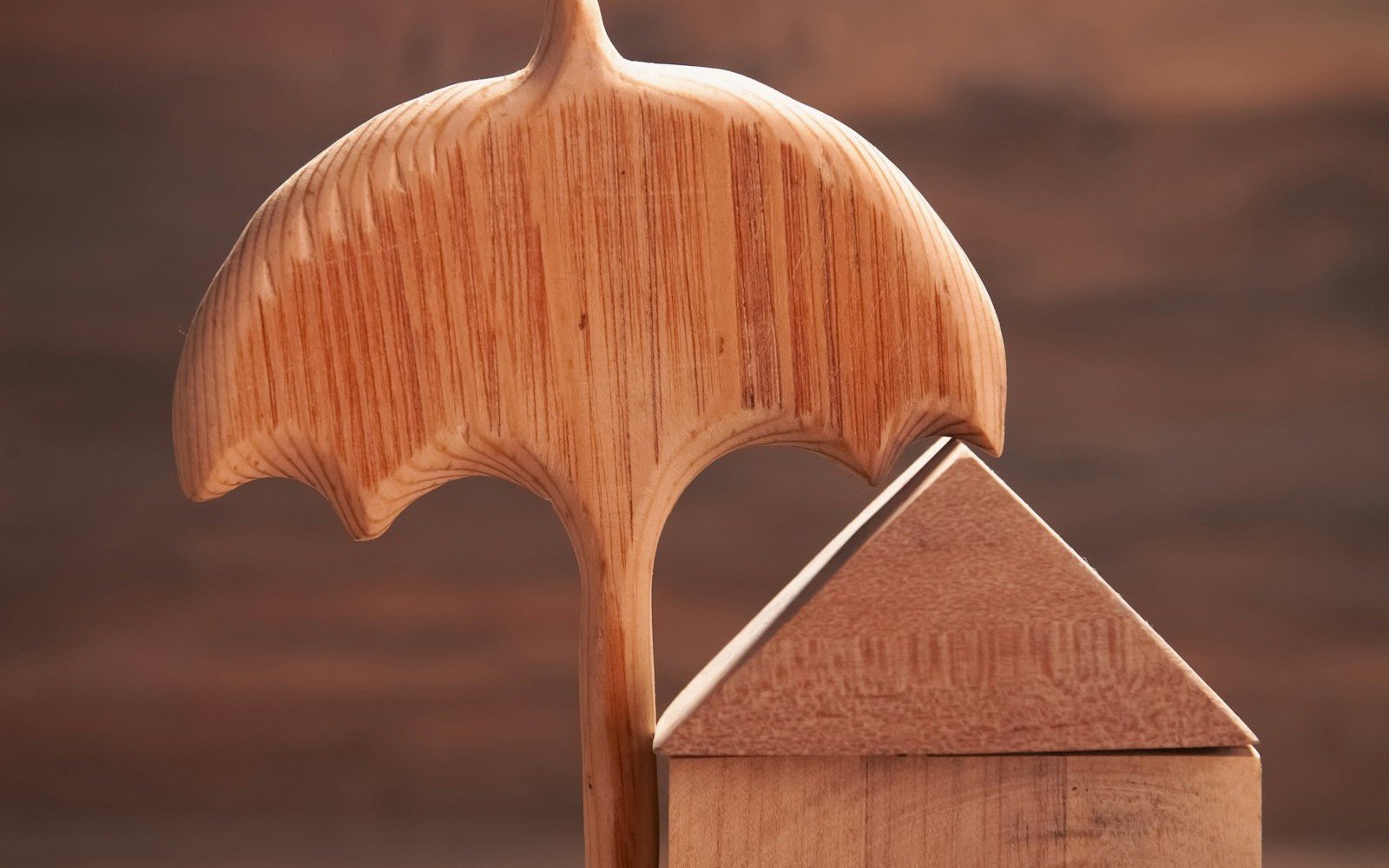 Wooden umbrella protecting a wooden house model, representing property insurance in Colombia
